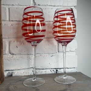 Pair of 2 Pier 1 Red Swirline Handblown Wine Glasses
